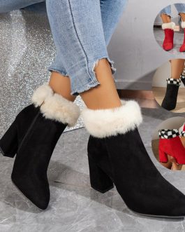 New Plaid Print Plush Ankle Boots Winter Fashoin Square Heel Suede Boots Women Casual Versatile Shoes Autumn And Winter